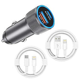 Iphone Car Charger USB C 38W Dual Port MFi Certified With 2x3Ft PD QC 3.0 Cables