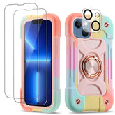 For Iphone 14 Case/Iphone 13 Case Inch With Ring Stand, With 2 Pack Glass Screen Protector + 1 Pack Camera Lens Protector,Heavy-Duty Shockproof Military Grade Rugged Cover (Rainbow Pink)