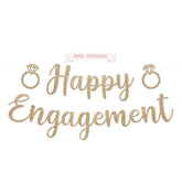 Pre-Strung Happy Engagement Banner - No Diy - Gold Glitter Wedding Engagement Bridal Shower Banner - Pre-Strung On 8 Ft Strands - Just Engaged, Bride To Be, She Said Yes Party Decorations - No Diy