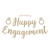 Pre-Strung Happy Engagement Banner - No Diy - Gold Glitter Wedding Engagement Bridal Shower Banner - Pre-Strung On 8 Ft Strands - Just Engaged, Bride To Be, She Said Yes Party Decorations - No Diy
