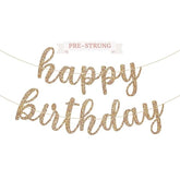 Pre-Strung Happy Birthday Banner - No Diy - Gold Glitter Birthday Party Banner In Script - Pre-Strung Garland On 6 Ft Strands - Gold Bday Party Decorations & Decor. Did We Mention No Diy