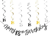 Black Gold 18th Birthday Swirls Streamers Hanging Banner Party Decor