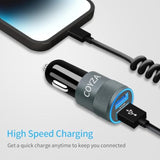 MFi Certified Fast Car Charger for iPhone, 3.1A Dual USB with Coiled Cable