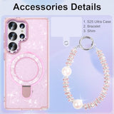 Pink glitter Galaxy S25 Ultra case with kickstand, bracelet, and shockproof protection.