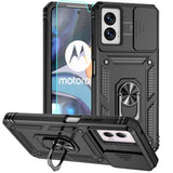Motorola G Power 2024 5G Phone Case with Sliding Camera Lens Cover and 360° Rotatable Kickstand Ring, Black