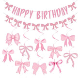 Pink Bow Birthday Decorations, Glitter Happy Birthday Banner And Hanging Swirls For Women Girls Bow Themed Party Decor, Baby Shower Party Supplies