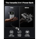3 In 1 Portable Charger With Built-In Retractable 27.6In Cable And Foldable Wall Plug, 35W 10,000Mah Gan Fast Charging Power Bank, Travel Essential Battery Pack For Iphone 17/16/15,Galaxy