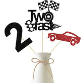 Two Fast Centerpieces Sticks, Vintage Race Car Birthday Decorations, Let'S Go Racing 2Nd Birthday Party Decors, Checkered Theme Milestone Baby Shower Party Supplies 12 Pieces Red Black