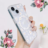 Clear Floral iPhone 15 Case with Magnetic Closure, White