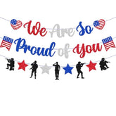 Military Going Away Party Decorations We Are So Proud Of You Banner Patriotic Soldier Garland Red White Blue 4Th Of July Veterans Day Memorial Day Deployment Returning Back Graduation Party Supplies