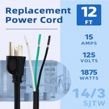 2 Pack 12 Ft 14/3C Sjtw Appliance And Power Tool Cord, 14 Gauge 3 Prong Heavy Duty Rlacement Power Supply Cord Cable, 110V 115V 120V Ac Pigtail, 15A, 1875W