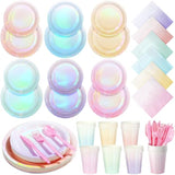 Iridescent Pastel Plates And Napkins Serve 25, Pastel Rainbow Holographic Party Plates Supplies, Disposable Paper Plates Napkins Cups Knives Forks For Birthday Wedding Baby Shower Party Decorations