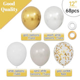 68pcs Sand White Gold Confetti Balloons 12in Party Decor with Ribbons