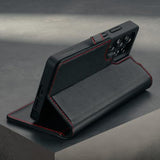Premium Leather Case Compatible With Samsung Galaxy S25 Ultra 5G (6.9”) 2025 – Genuine Leather Wallet Flip Folio Case With Kickstand And Card Slots (Black With Red Detail)