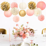 Birthday Party Decorations Set For Girls Women,12Pcs Pink Gold Tissue Paper Pom Poms Lanterns Flowers,For Engagement,Wedding,Baby Shower,Bridal Shower,Girl Party