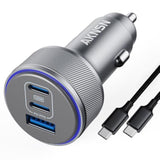 Iphone 16 Usb-C Car Charger, 167.5W Max 3-Port Type-C Fast Charging Cigarette Lighter,Charger Adapter For Iphone 16/15/14/13,Samsung S24/S23/S22,Pixel,Ipad Air,Airpods,Android