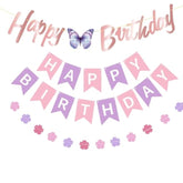 Pre-Strung Happy Birthday Banner Purple Pink Birthday Decoration For Women Girl Butterfly Birthday Party Decoration Banner Garland No Diy Happy Birthday Sign
