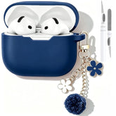 Cute Blue Case for Airpods 4 Cover with Pom Pom Flower Keychain & Cleaner Kit, Soft Silicone Airpods iPod 4th Gen Protective Cover Skin for Airpod 4 2024