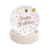 50Pcs Happy Birthday Paper Plates - 7Inch White Dessert Plates With Rose Gold Dots, Triangular Flag & Balloons Paper Plates For Cake Fruit Salad Pizza Disposable Decoration Supplies For Birthday Party