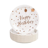 50Pcs Happy Birthday Paper Plates - 7Inch White Dessert Plates With Rose Gold Dots, Triangular Flag & Balloons Paper Plates For Cake Fruit Salad Pizza Disposable Decoration Supplies For Birthday Party