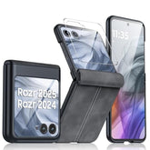 For Motorola Razr 2024 Case/Razr 2025 Case, Built-In Screen Protector & Hinge Protection & Ultra Thin Pu Leather Matte Pc Shockproof Cover Phone Case For Moto Razr 2024/2025(Black Gray)