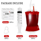 50 Packs Halloween Blood Iv Bags Reusable Drink Pouches Juice Containers For Halloween Zombie Vampire Party Decoration With Syringe And Clips, 10.14 Fl.Oz (50Pcs Bags, 50 Labels, 3 Syringes)