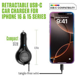 Cellet Retractable USB-C Car Charger – 15W Fast Charging, 3.3ft Cable, 3A Output, Blue LED Indicator – Compatible with Apple iPhone 15/16 Series & Samsung Android USB-C Devices – Compact, Tangle-Free