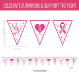 2 Pcs Breast Cancer Awareness Decorations Pink Ribbon Pennant Banner, Hope Strength Support Triangle Bunting Garland for Women Survivor Party Supplies, October Charity Run and Fundraiser Event Decor