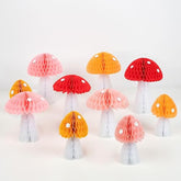 Meri Meri Honeycomb Mushroom Decorations (Pack of 10) - Colorful Tissue Paper Mushrooms, Reusable Fairy Party Decor, Woodland Decorations with White Spot Stickers