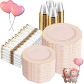 700Pcs Pink Plastic Plates-Dinnerware Sets For 100 Guests-200 Disposable Plates(10Inch,7Inch),300 Pink Plastic Silverware,100 Cups,100 Napkins For Wedding&Galentines Day&Easter Day
