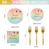 96Pcs Happy Birthday Plates And Napkins Party Supplies, Colorful And Gold Disposable Paper Plates And Napkins With Forks Tableware Set For 24 Guests
