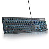 Wired Quiet Membrane Keyboard,Full Size 104-Keys Retro Punk Typewriter Blue Led Backlit Usb Ultra Slim Gaming Keyboard With Abs Round Keycaps For Windows/Pc/Laptop (Black)