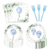 96 Pcs Oh Boy Watercolor Blue Balloon Party Decorations Supplies Greenery Boy Baby Shower Party Tableware Set Botanical Eucalyptus Baby Shower Party Plates Napkins Forks For 24 Guests