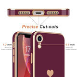 Compatible With Iphone Xr Case For Women Girl Cute Love-Heart Luxury Bling Plating Soft Back Cover Raised Full Camera Protection Bumper Silicone Shockproof Phone Case For Iphone Xr, Wine Red
