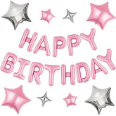 Pink Happy Birthday Banner Set - 13 Foil Letters & 8 Star Balloons for Party Decorations