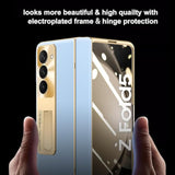 For Samsung Galaxy Z Fold 5 Case, Electroplated Frame, Leather On Back & Hinge Protection, Screen Protector, Metal Stand, Camera Protection, Thin & Slim Stand Cover 5G 2023, Black