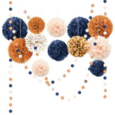 Boho Fall Wedding Party Decorations,15Pcs Navy Blue Orange Tissue Paper Pom Poms Colorful Paper Garland String Hanging Backdrop For Baby Shower,Bridal Shower,Gardens Celebration