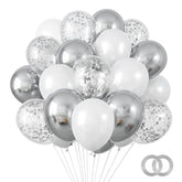 White And Silver Confetti Balloons Kit, 65Pcs 12 Inches Metallic Silver Chrome Party Balloons With Ribbons For Birthday, Wedding, Baby Shower, Graduation Decorations