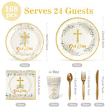 168Pcs Baptism Decorations Paper Plates, God Bless Disposable Paper Plates And Napkins Cups First Communion Table Set For 24 Guests Baby Shower Kids Birthday Party Supplies For Girls Boys