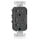 Leviton Type A & Type-C USB In-Wall Charger with 20A Tamper-Resistant Outlet, USB Charger for Smartphones and Tablets. Not for Laptops, T5833-E, Black