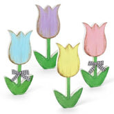4Pcs Retro Spring Tulip Flower Wooden Table Signs Colorful Floral Rustic Farmhouse Tiered Tray Decor With Plaid Ribbon Vintage Tabletop Centerpiece For Home Office Mantel Fireplace Party