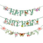 Sage Green Spring Wildflower Happy Birthday Banner with Butterflies - Pre-Strung Decor