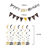 25Th Birthday Decoration Kit For Men Women, Happy 25Th Birthday Banner Bunting Swirls Streamers, Triangle Flag Banner For Birthday Party Decorations Supplies Black And Gold 25Th
