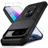 For Google Pixel 9 Case, Pixel 9 Pro Case, Slide Lens Cover, Hd Screen Protector, Grade Drop Protection, Magnetic Rotated Ring Holder Kickstand Protective Phone Case (Black)