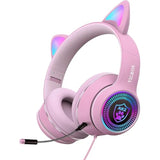 Cat Ear Gaming Headphones Wired Aux 3.5Mm With Led Light, Flashing Stereo Game Headphones Surround Sound Over-Ear Headsets With Microphone Fit Kids & Adult For Pc, Ps4, Switch, Mobile, Laptop