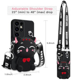 For Samsung Galaxy S24 Ultra Case, Cute Black Lucky Cat Coin Purse Fancy Phone Case For Women Girls With Crossbody Strap Kawaii Soft Silicone Cover For Galaxy S24 Ultra