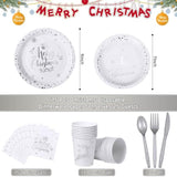 175 Pcs Merry Christmas Party Dinnerware Foil Dots Christmas Paper Plates Set Elk Disposable Xmas Plates Napkins Cups For New Year Wedding Birthday Baby Shower Party Supplies Decoration (White Silver)