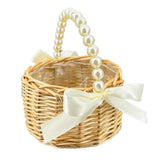Wicker Rattan Flower Girl Basket with Bows & Pearl Handle for Weddings & Home Decor