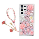 For Galaxy S24 Ultra Bling Case With Strap, Luxury Glitter Rhinestone Diamond Crystal Sparkle Rose Flower Pearl Floral Bracelets Soft Bumper Protective Case Cover For Women Girls Pink