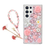For Galaxy S24 Ultra Bling Case With Strap, Luxury Glitter Rhinestone Diamond Crystal Sparkle Rose Flower Pearl Floral Bracelets Soft Bumper Protective Case Cover For Women Girls Pink